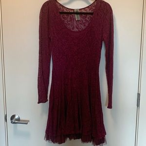 Free People Maroon Long Sleeve Lace Dress